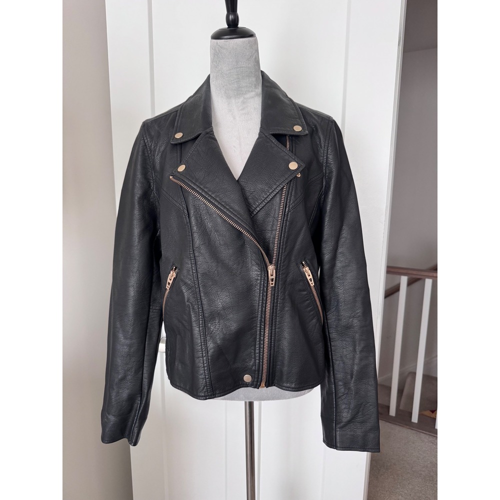 BLANKNYC Womens Black Faux Leather Moto Jacket Rose Gold Hardware XL